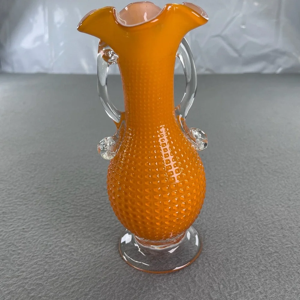Vintage Orange Hobnail Glass Vase Ruffled Rim Clear Handles 8.5